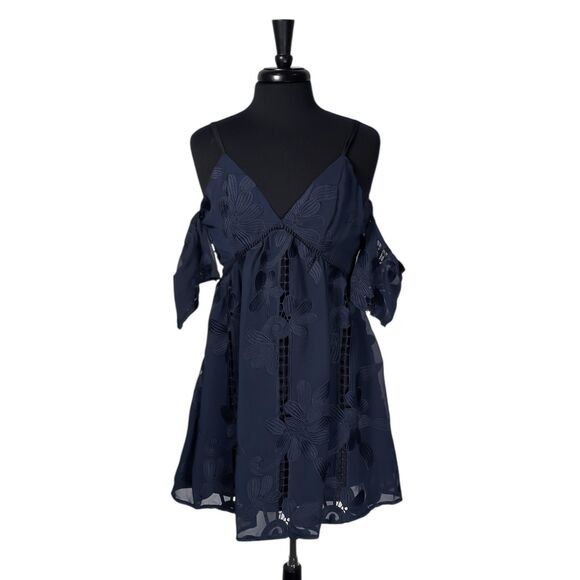Lovers + Friends Revolve Wishful Dress Navy Blue Floral Embroidered Lace Mini XS - Picture 1 of 8